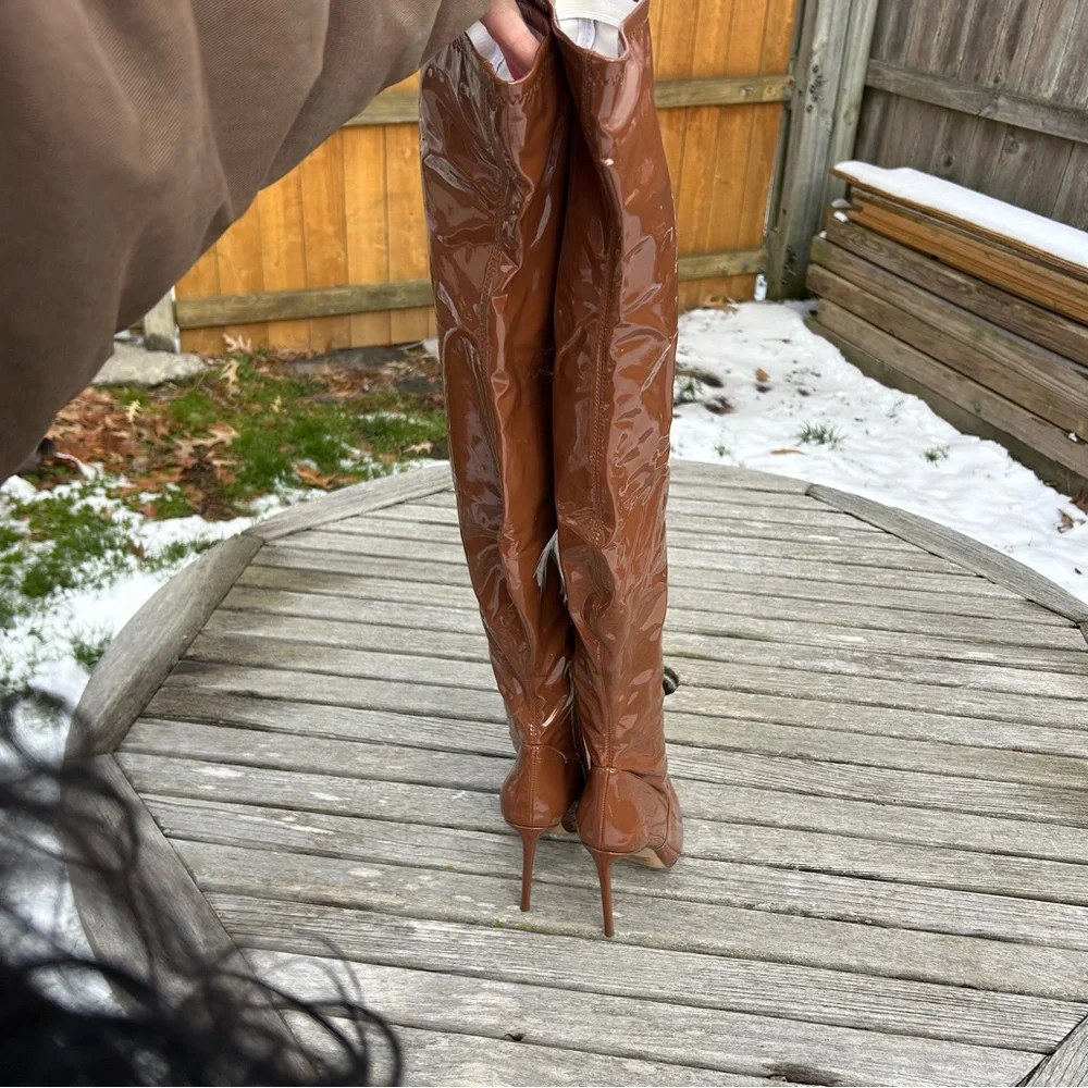 Steve Madden Patent Viktory Cognac Pat Thigh High Over Knee Boots size 6.5‎